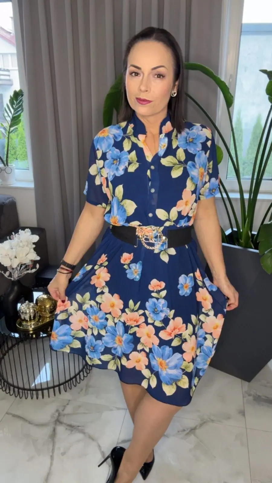 Sukienka elegancka chabrowa w kwiaty – miniatura 5 z 14