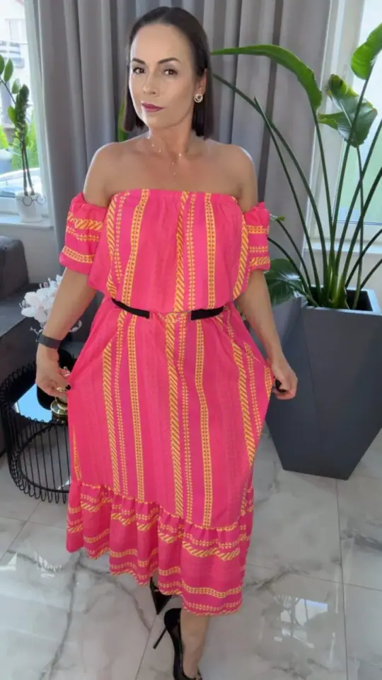 Sukienka długa letnia hiszpanka neon róż, zdjęcie 1 z 2 – odzież damska Victoria Fashion