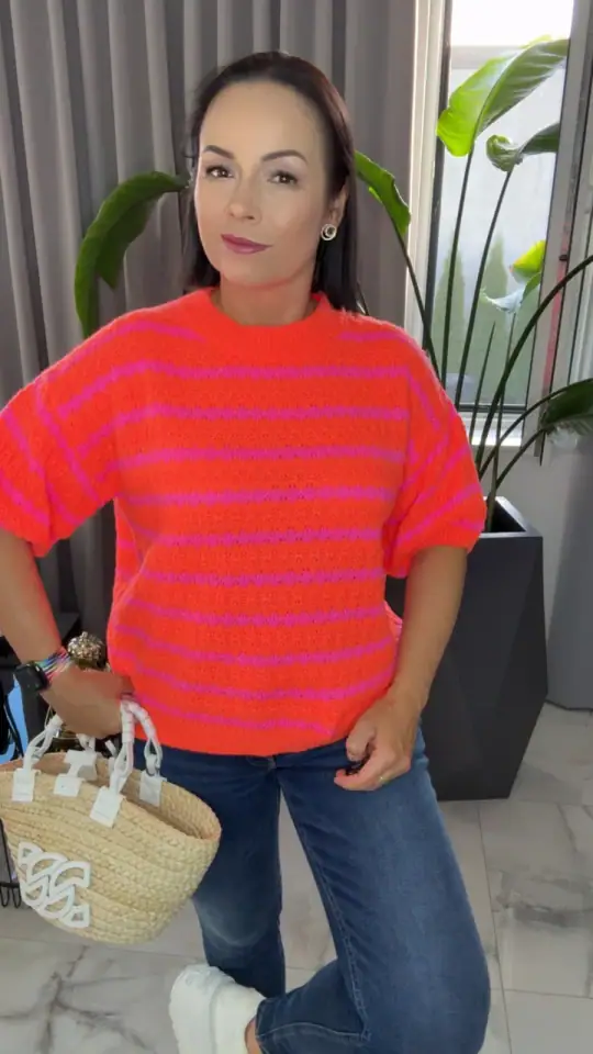 Sweter neon pomarańcz krótki rękaw, zdjęcie 2 z 2 – odzież damska Victoria Fashion