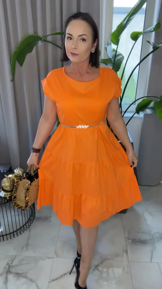 Sukienka pomarańczowa wizytowa krótki rękaw, zdjęcie 1 z 2 – odzież damska Victoria Fashion