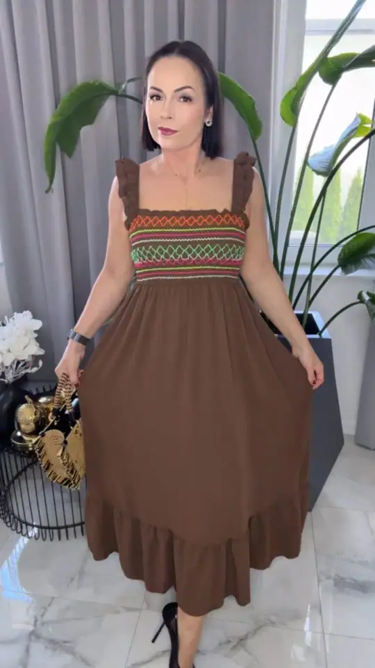 Sukienka brązowa letnia hiszpanka długa, zdjęcie 1 z 2 – odzież damska Victoria Fashion