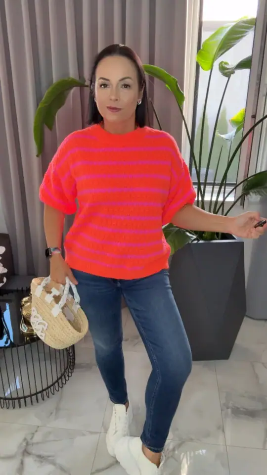 Sweter neon pomarańcz krótki rękaw, zdjęcie 1 z 2 – odzież damska Victoria Fashion