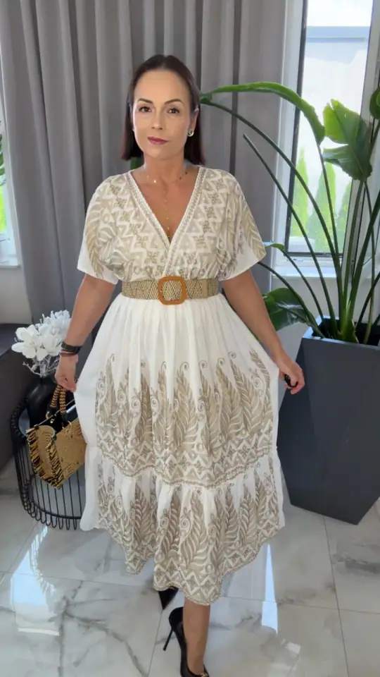 Sukienka długa elegancka biało złota, zdjęcie 1 z 2 – odzież damska Victoria Fashion