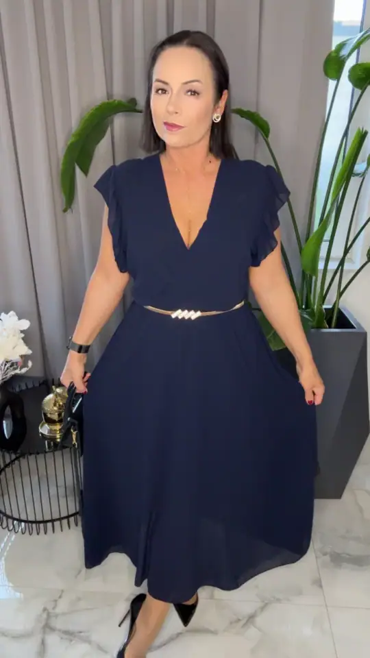 Sukienka wizytowa granatowa z szyfonu elegancka, zdjęcie 2 z 2 – odzież damska Victoria Fashion