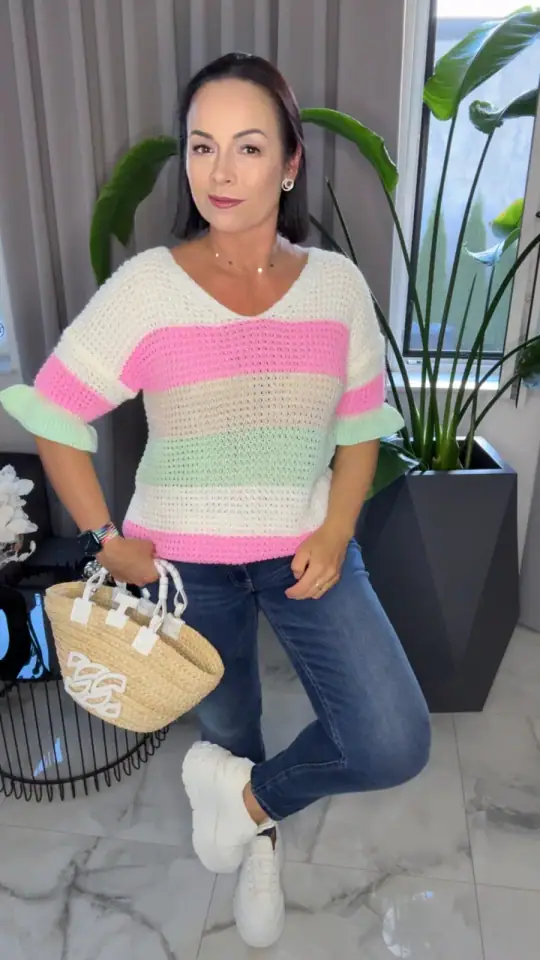 Sweter pastelowy krótki rękawek piękny, zdjęcie 1 z 2 – odzież damska Victoria Fashion