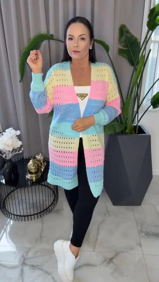 Kardigan pastelowy cieplutki dłuższy sweter, zdjęcie 1 z 2 – odzież damska Victoria Fashion