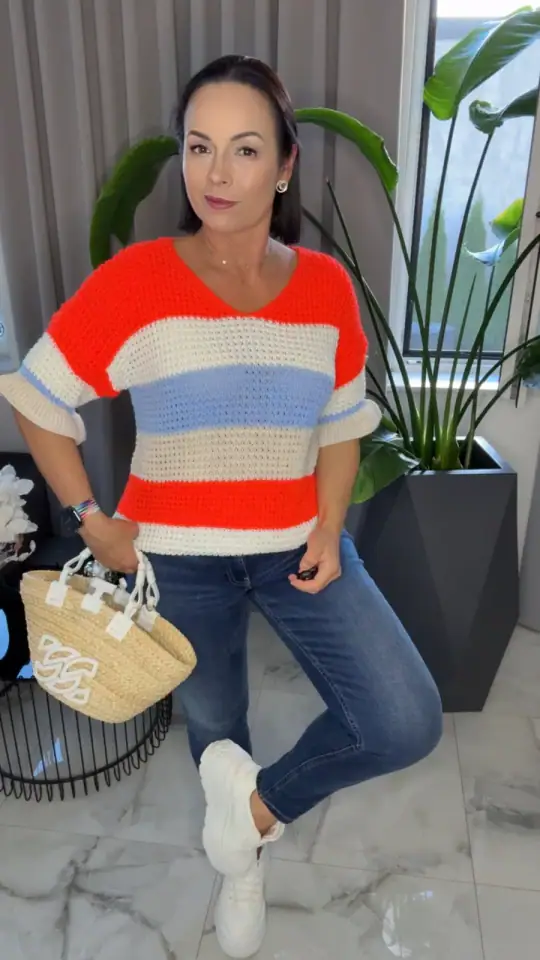 Sweter w paski pomarańczowo błękitny cudny, zdjęcie 1 z 2 – odzież damska Victoria Fashion
