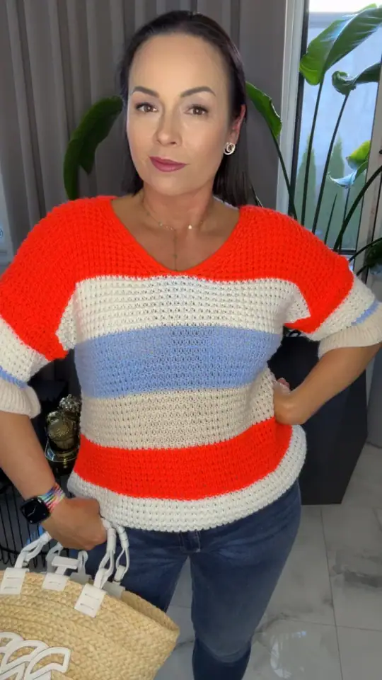 Sweter w paski pomarańczowo błękitny cudny, zdjęcie 2 z 2 – odzież damska Victoria Fashion