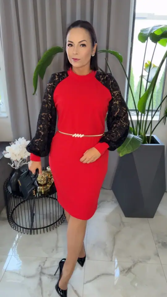 Sukienka czerwona z koronką elegancka, zdjęcie 1 z 2 – odzież damska Victoria Fashion