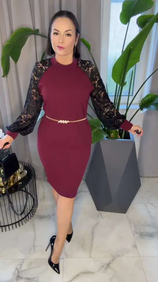 Sukienka bordowa z koronką elegancka, zdjęcie 1 z 2 – odzież damska Victoria Fashion