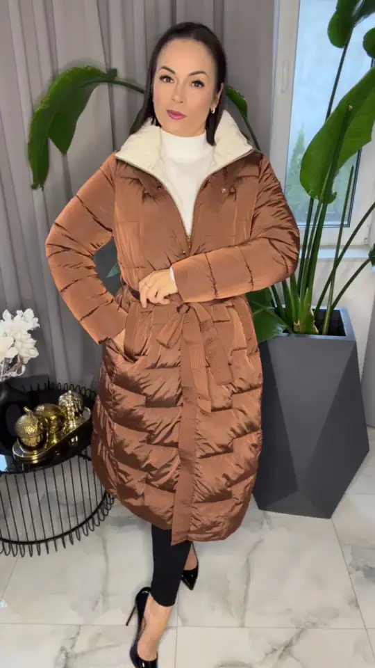 Kurtka brązowa puchowa długa ciepła, zdjęcie 1 z 2 – odzież damska Victoria Fashion