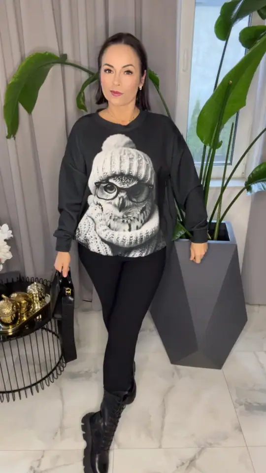 Bluza czarna sowa wygodna masełko, zdjęcie 1 z 2 – odzież damska Victoria Fashion