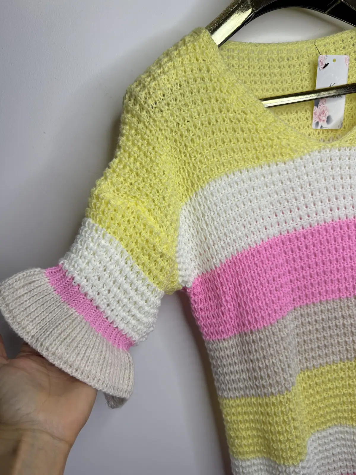 Sweter żółty w paski krótki rękawek cudny – miniatura 10 z 10