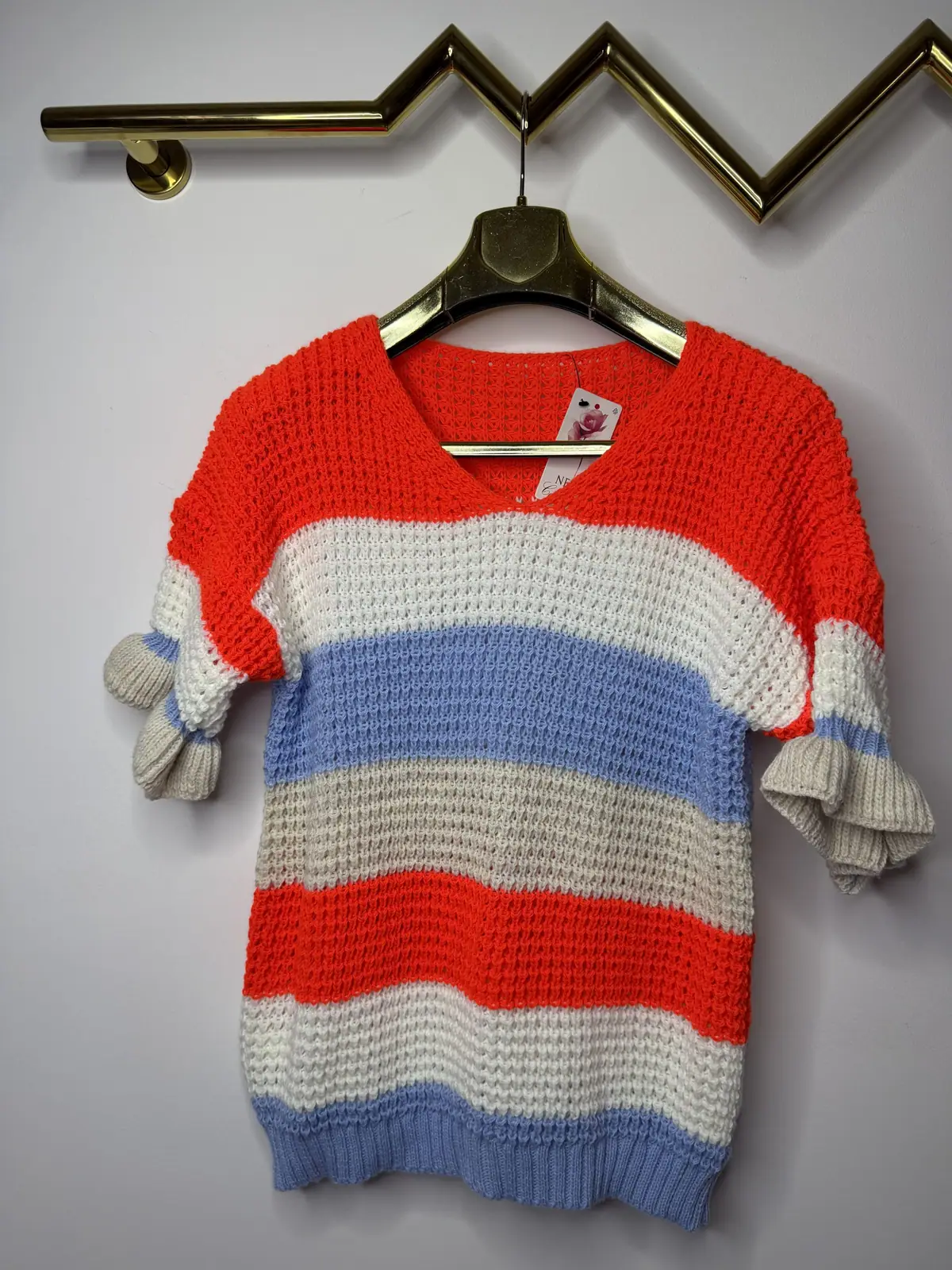 Sweter w paski pomarańczowo błękitny cudny – miniatura 7 z 9