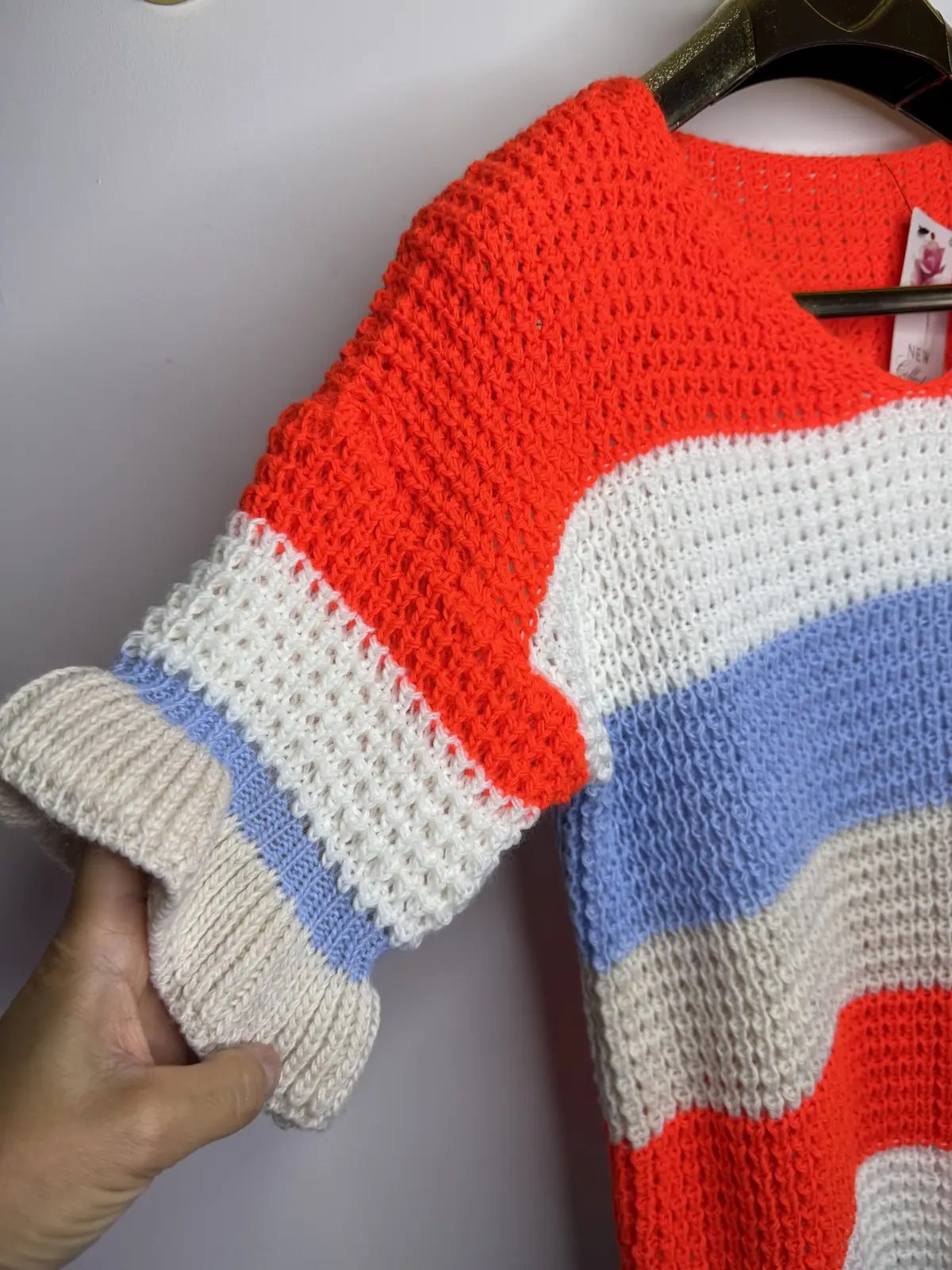 Sweter w paski pomarańczowo błękitny cudny – miniatura 8 z 9