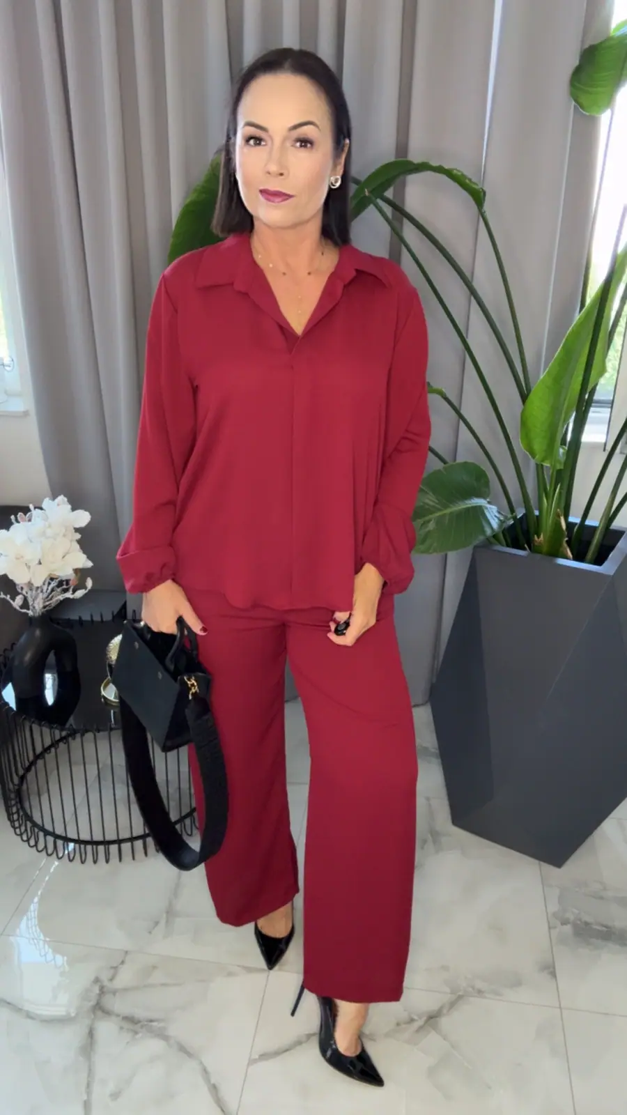 Komplet bordowy elegancki koszula spodnie – miniatura 5 z 12
