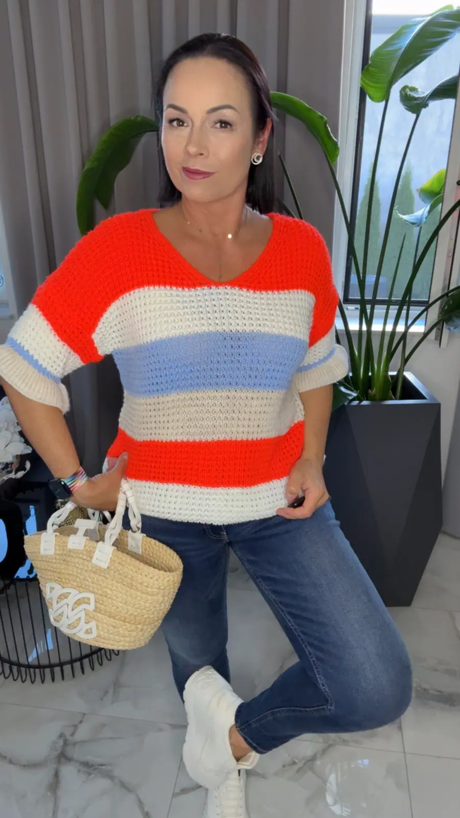 Sweter w paski pomarańczowo błękitny cudny – miniatura 6 z 9